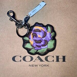 COACH Purple Tea Rose Bag Charm Keychain Purple Floral w Gunmetal Clip NWT
